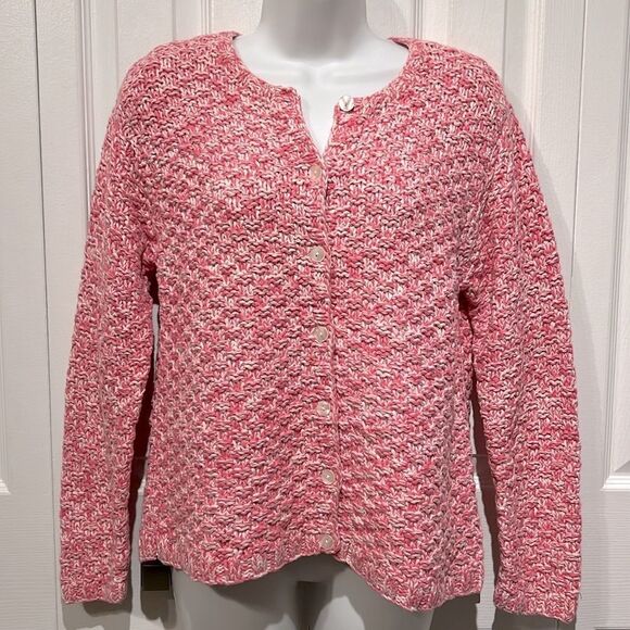 Talbots Pink/White Hand Knit‎ Cotton Cardigan Sweater Size M - Picture 1 of 10